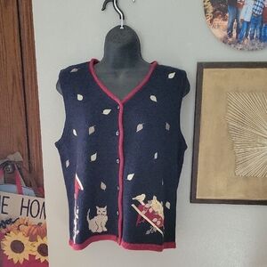 Christopher & Banks Navy Cardigan with Cat and Leaf Motif